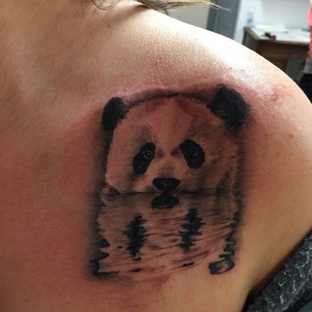 Realistic Panda Head Reflected In Water Tattoo On Left Shoulder