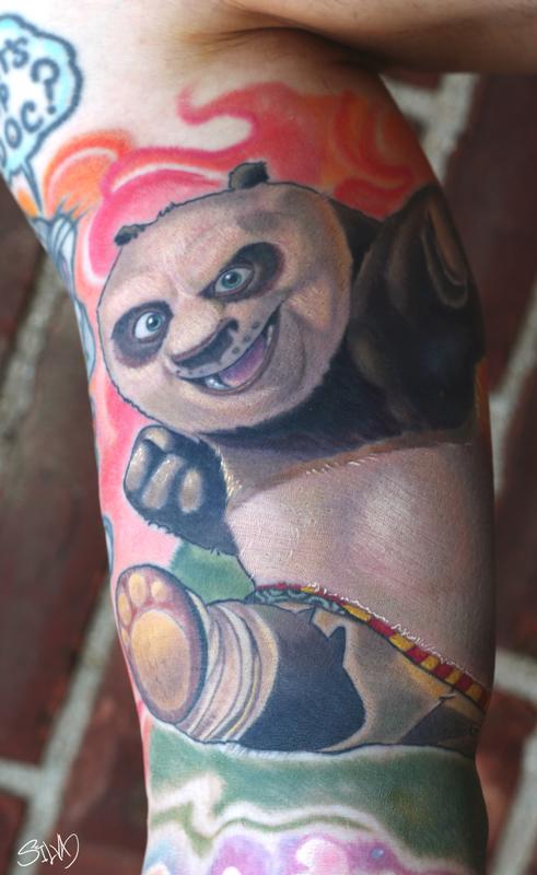 Realistic Po Of Kung Fu Panda Tattoo On Half Sleeve