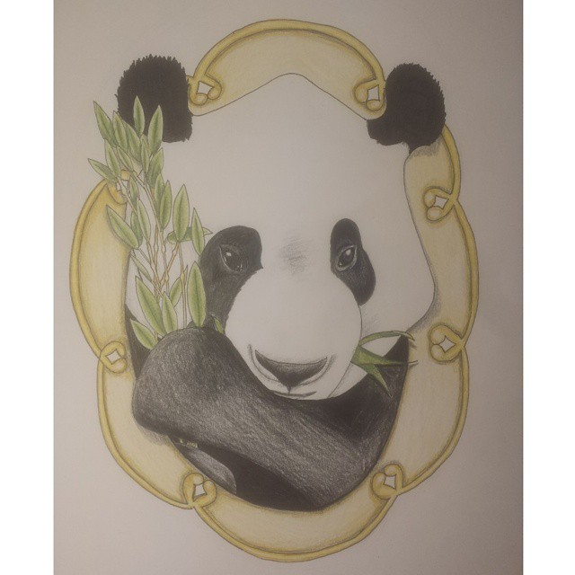 Really Nice Baby Panda Holding Bamboos In Frame Tattoo Design