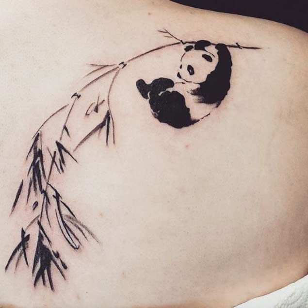 Realy Nice Panda Hanging On Branch Watercolor Tattoo On Right Side Of Back