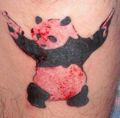 Red And Black Color Panda With Guns Tattoo Design