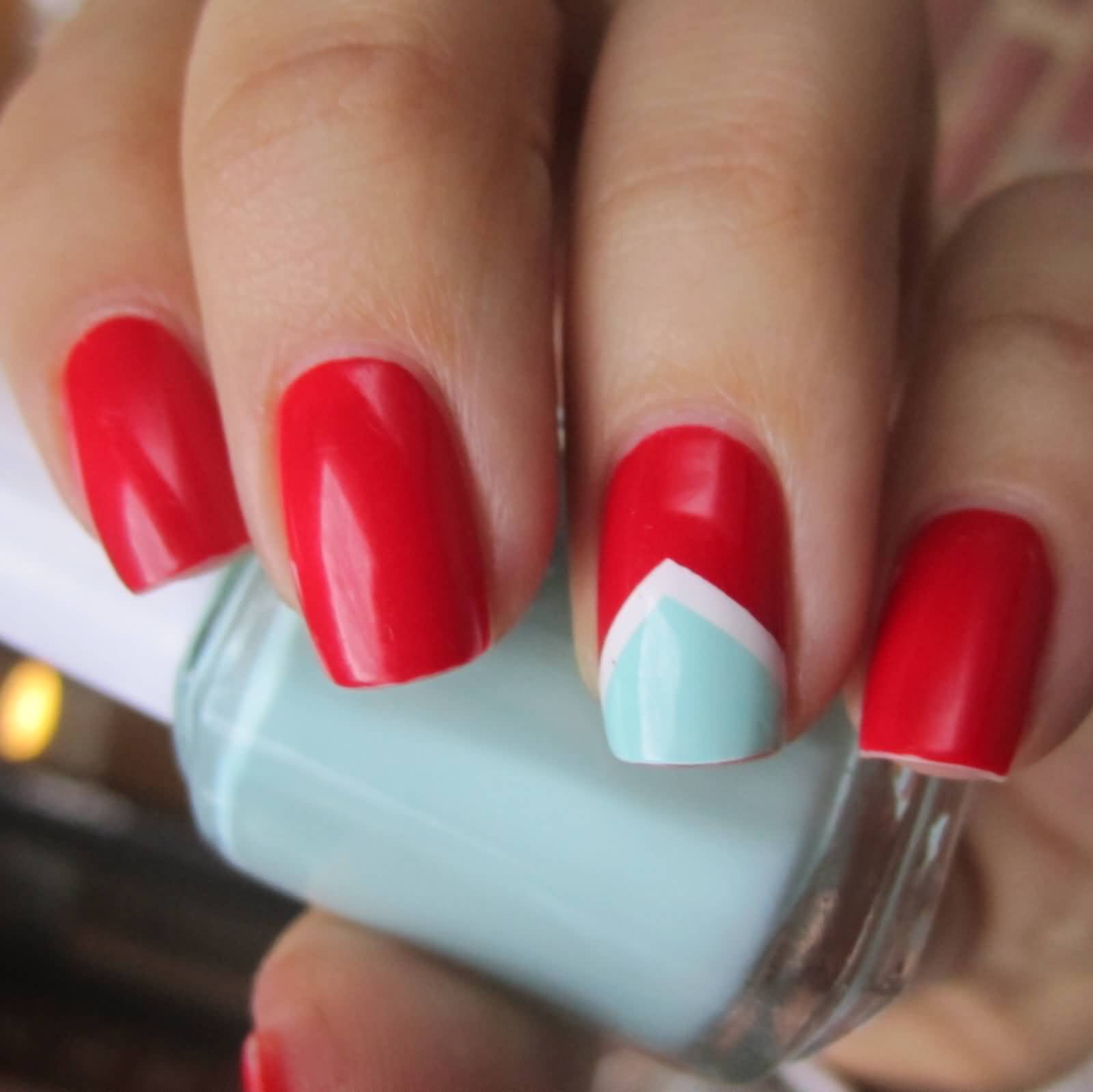 Red And Blue Accent Chevron Nail Art