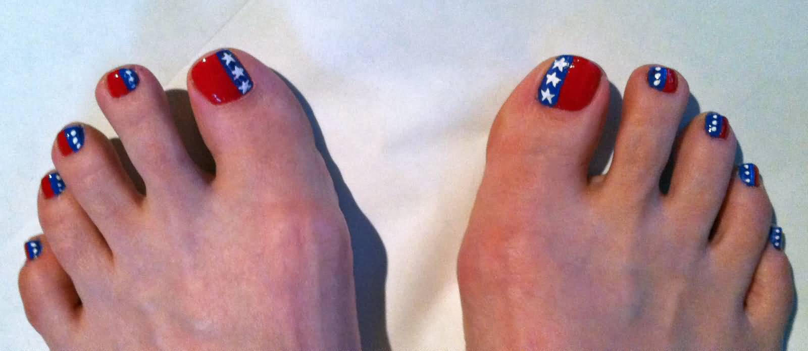 Red And Blue Nails With White Stars Fourth Of July Nail Art For Toe