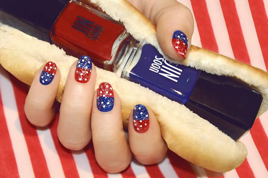 Red And Blue With White Polka Dots Fourth Of July Nail Art