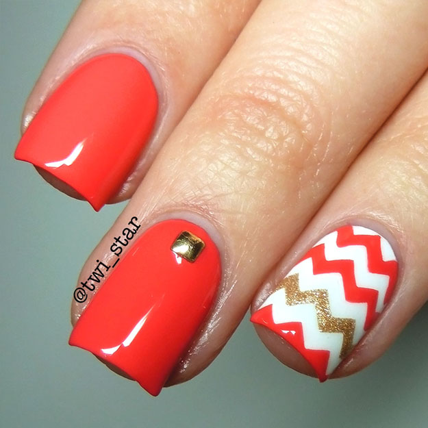 Red And Gold Glitter Accent Chevron Nail Art
