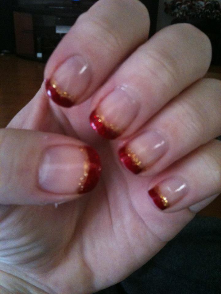 Red And Golden Glitter French Tip Nail Art