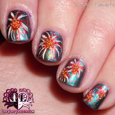 Red And White Beautiful Fireworks Fourth Of July Nail Art