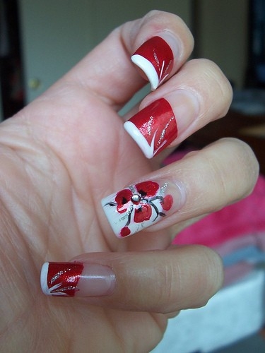 Red And White Flower Nail Art By Jannyshere