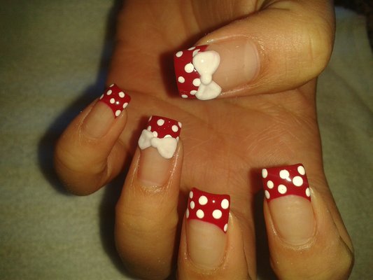 Red And White French Tip Polka Dots With White 3d Bow Nail Art
