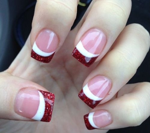Red And White Glitter French Tip Nail Art