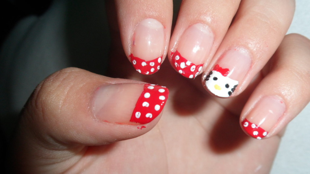 Red And White Polka Dots With Accent Hello Kitty French Tip Nail Art