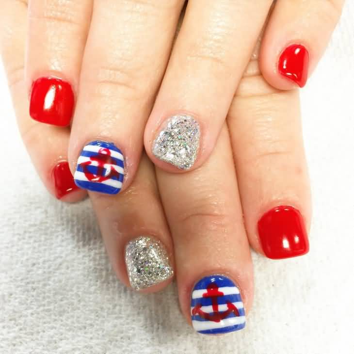 Red Blue And Silver Nails With Nautical Sign Fourth Of July Nail Art