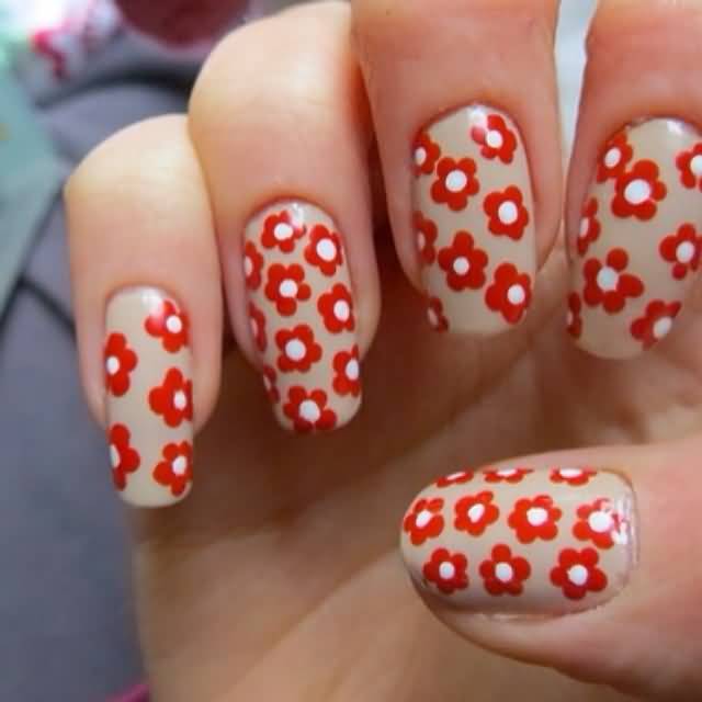 Red Flower Nail Art Design Idea