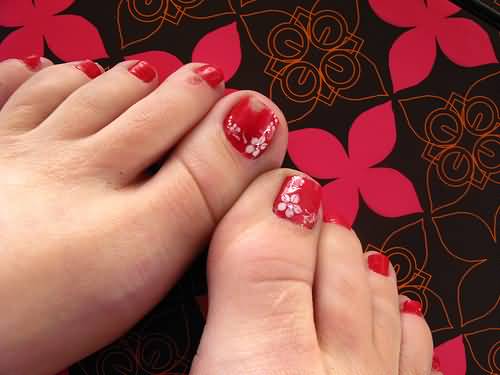 Red Flower Toe Nail Art Design
