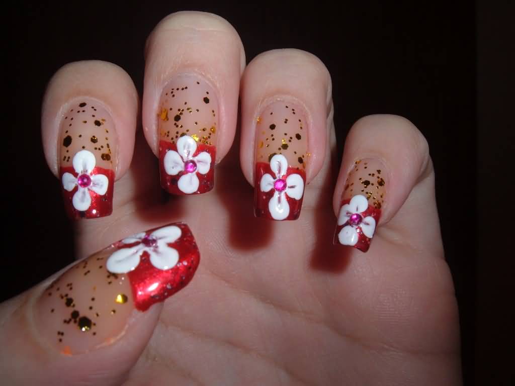 Red French Tip With White Acrylic Flower Nail Art