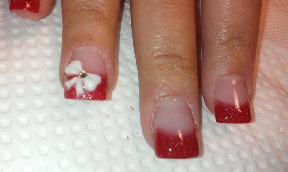 Red Gel French Tip Nails With White 3d Bow Nail Art