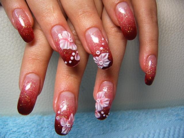 Red Glitter Gel Nails With White 3d Flower Nail Art