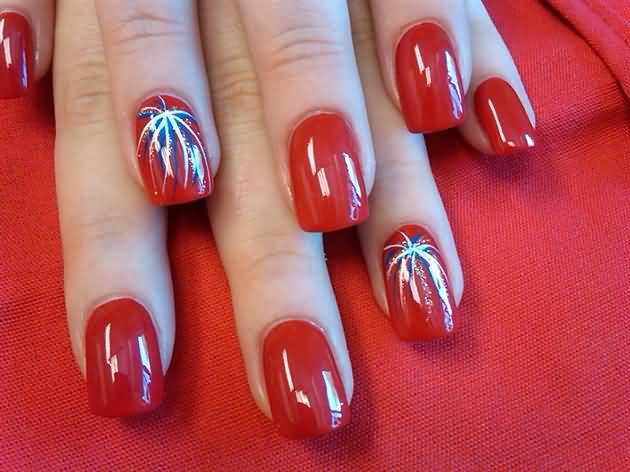 Red Glossy Nails With Fourth Of July Fireworks Nail Art Design
