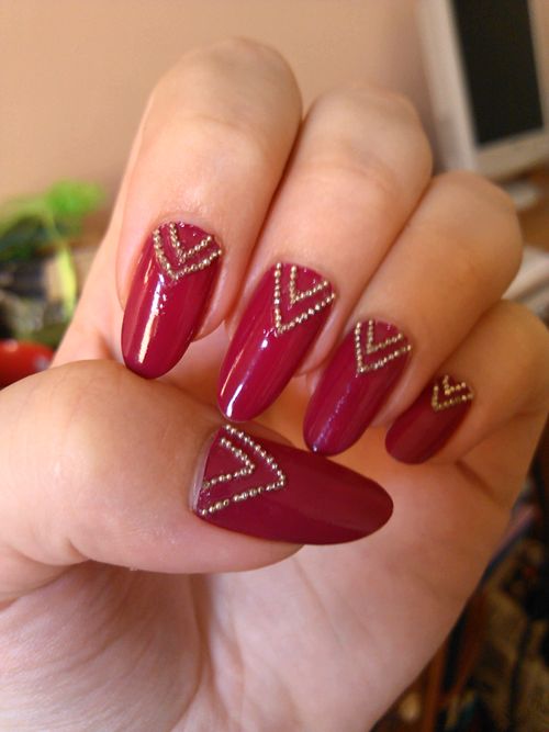 Red Glossy Nails With Golden Caviar Nail Art Design