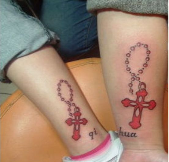 Red Ink Rosary Cross Tattoo For Couple