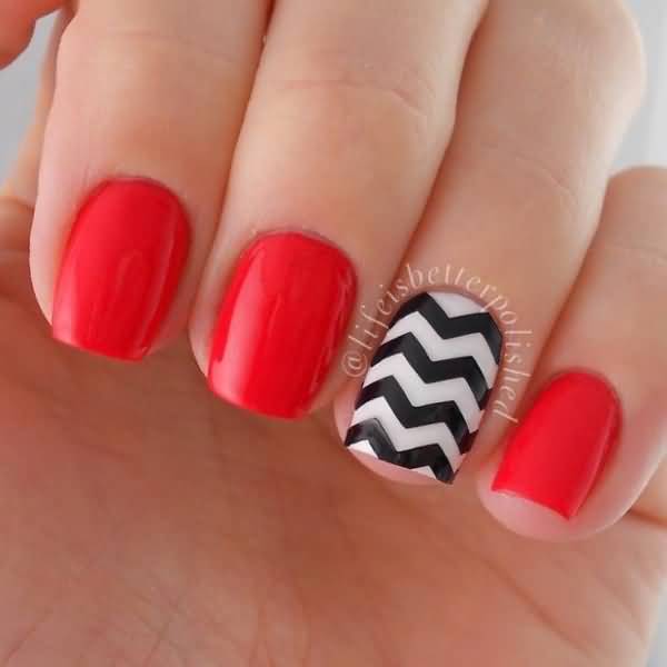 Red Nails With Black And White Chevron Accent Nail Art