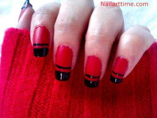 Red Nails With Black French Tip Nail Art