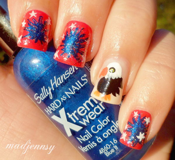 Red Nails With Blue Fireworks Fourth Of July Nail Art
