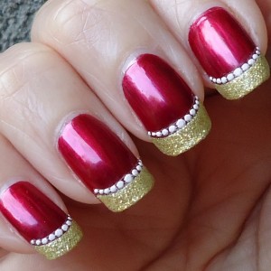 Red Nails With Gold Glitter French Tip Nail Art