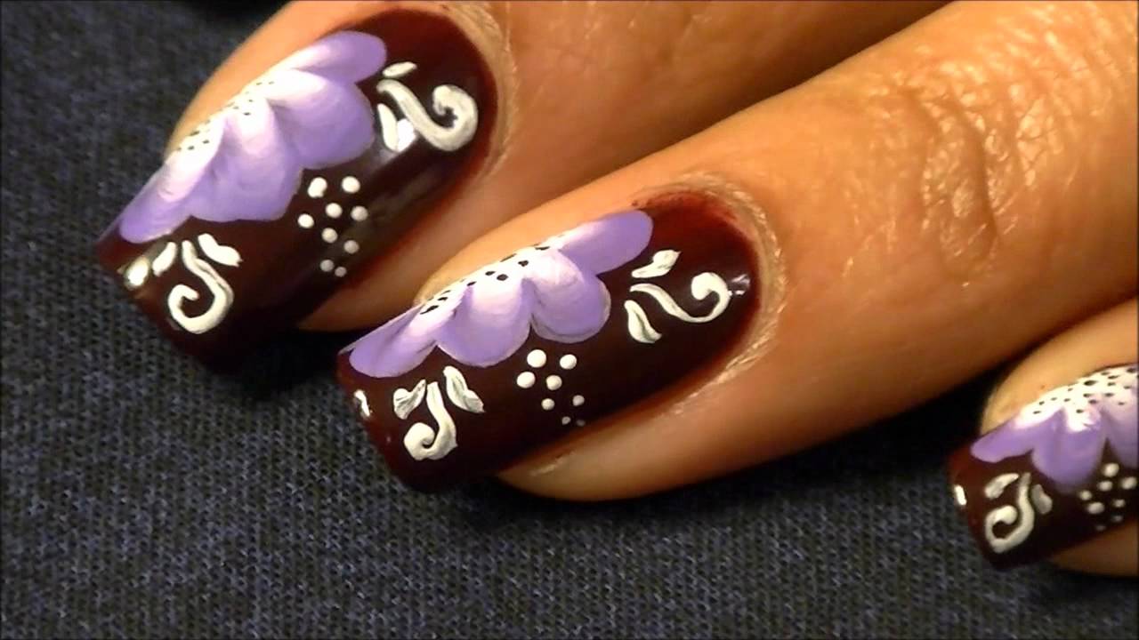 Red Nails With Purple Flowers Nail Art