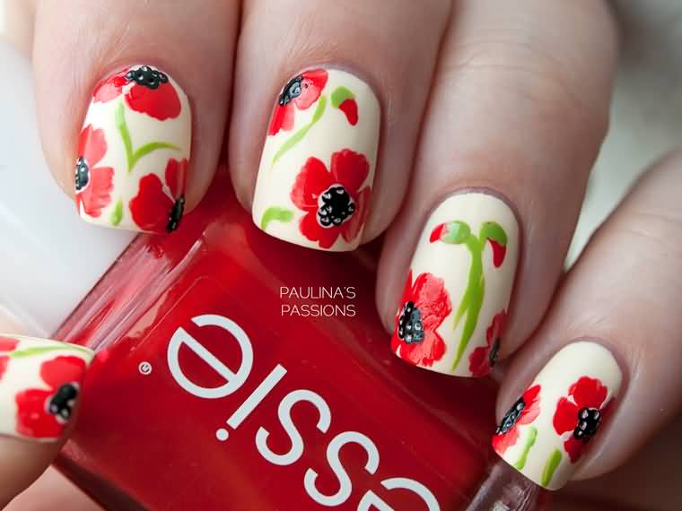 Red Poppy Flowers Nail Art
