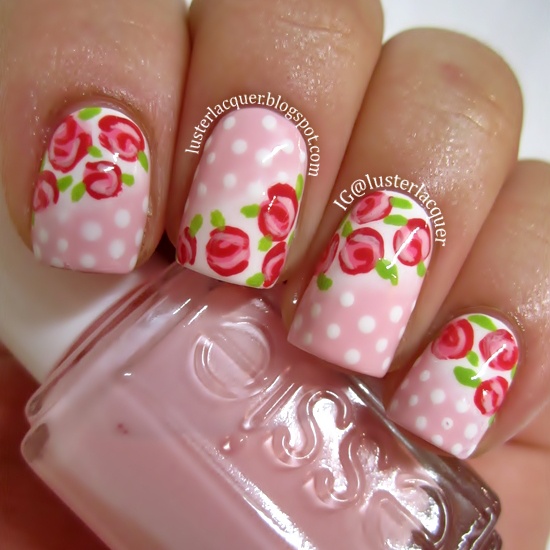Red Rose Flowers And White Polka Dots Nail Art