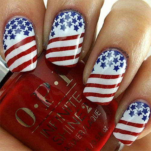 Red Stripes And Blue Stars On White Base Fourth Of July Nail Art