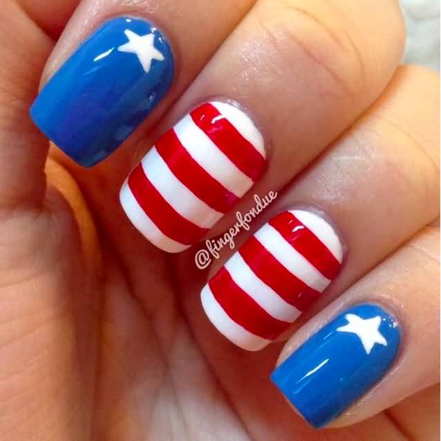 Red Stripes And Stars Glossy Fourth Of July Nail Design