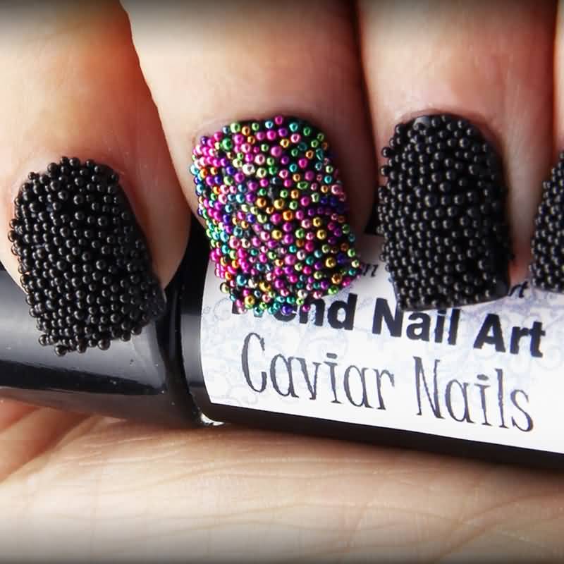 Rainbow And Black Color Caviar Nail Art