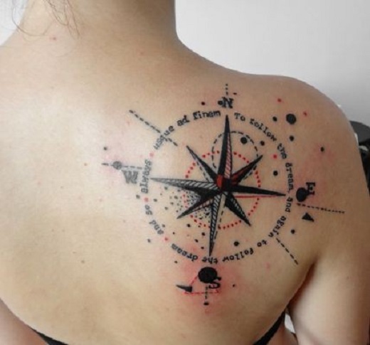 Right Back Shoulder Simple Compass Tattoo