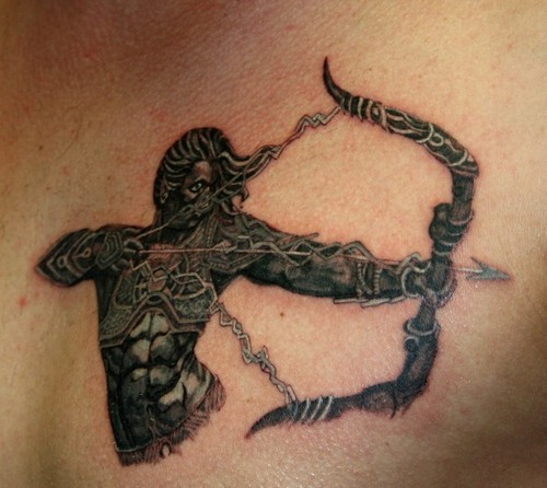 Sagittarius Archer With Bow And Arrow Tattoo On Chest