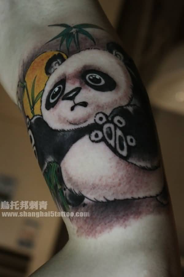 Scared Panda In Colorful Ink Tattoo On Half Sleeve