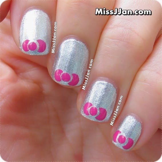 Silver Nails With Pink Bow Nail Art Design