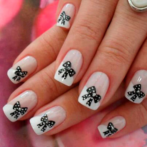 Simple Black Dotted Bow Nail Art Design