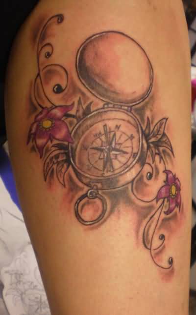 Simple Grey Ink Compass Tattoo