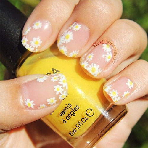 Simple White Spring Flower Nail Art On Nude Nails
