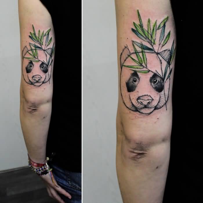 Small Bear Face With Leaves Tattoo On Half Sleeve