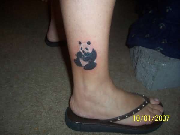 Small Black And White Panda Tattoo On Leg