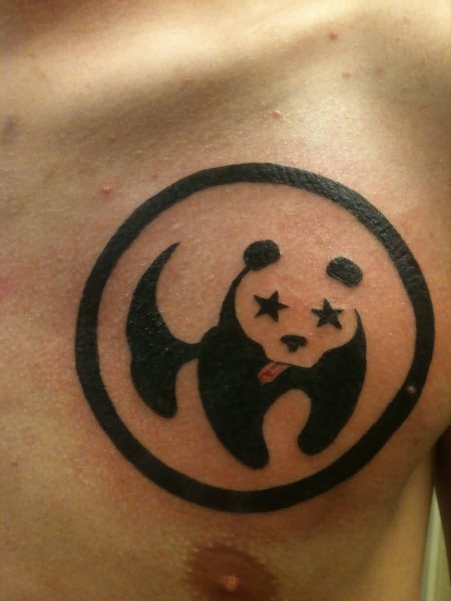 Star Shaped Eyes Panda In Circle Tattoo On Right Side Of Chest