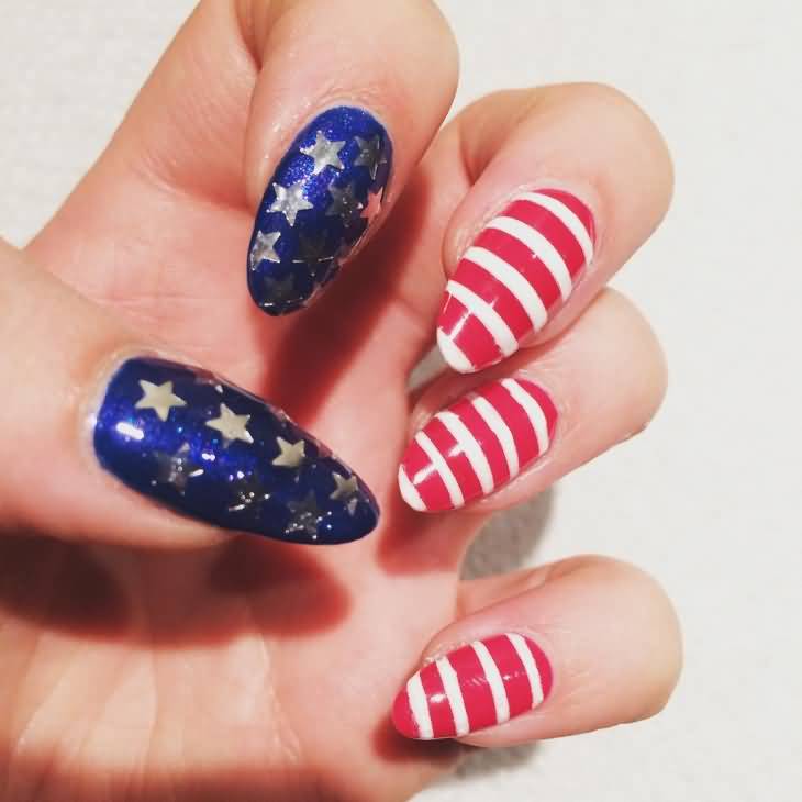 Stars And Stripes With Blue And Red Fourth Of July Nail Art Design