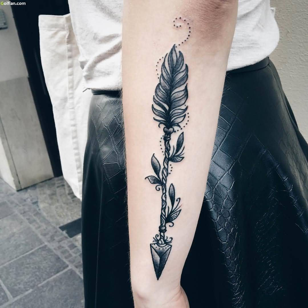 Stunning Arrow With Leafs Tattoo On Arm