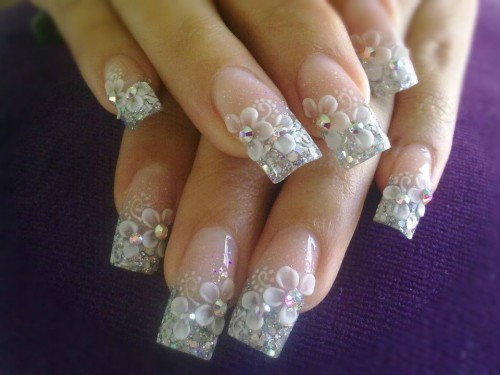 Stylish 3d Flower Nail Art With Silver Glitter French Tip
