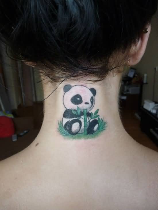 Super Cute Tiny Panda With Green Bamboo Tattoo On Nape