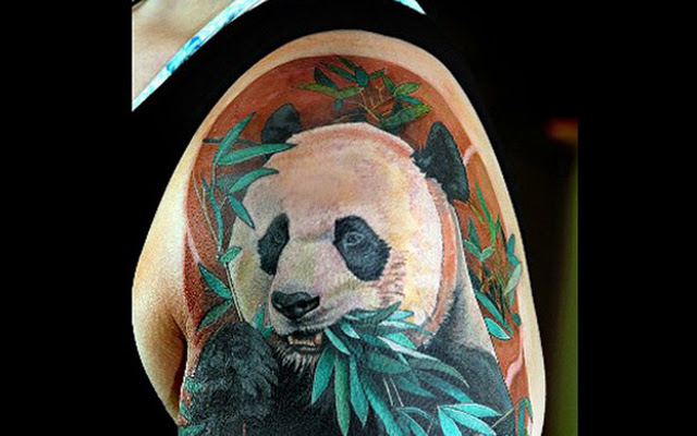Superb 3D Panda Eating Leaves Tattoo On Half Sleeve