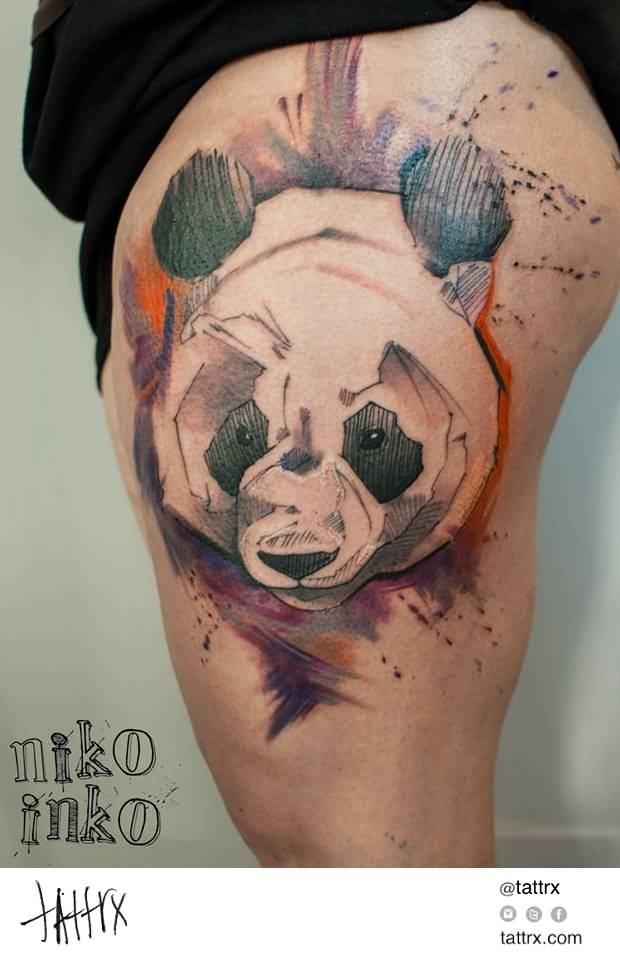 Superb Panda Head Tattoo On Thigh